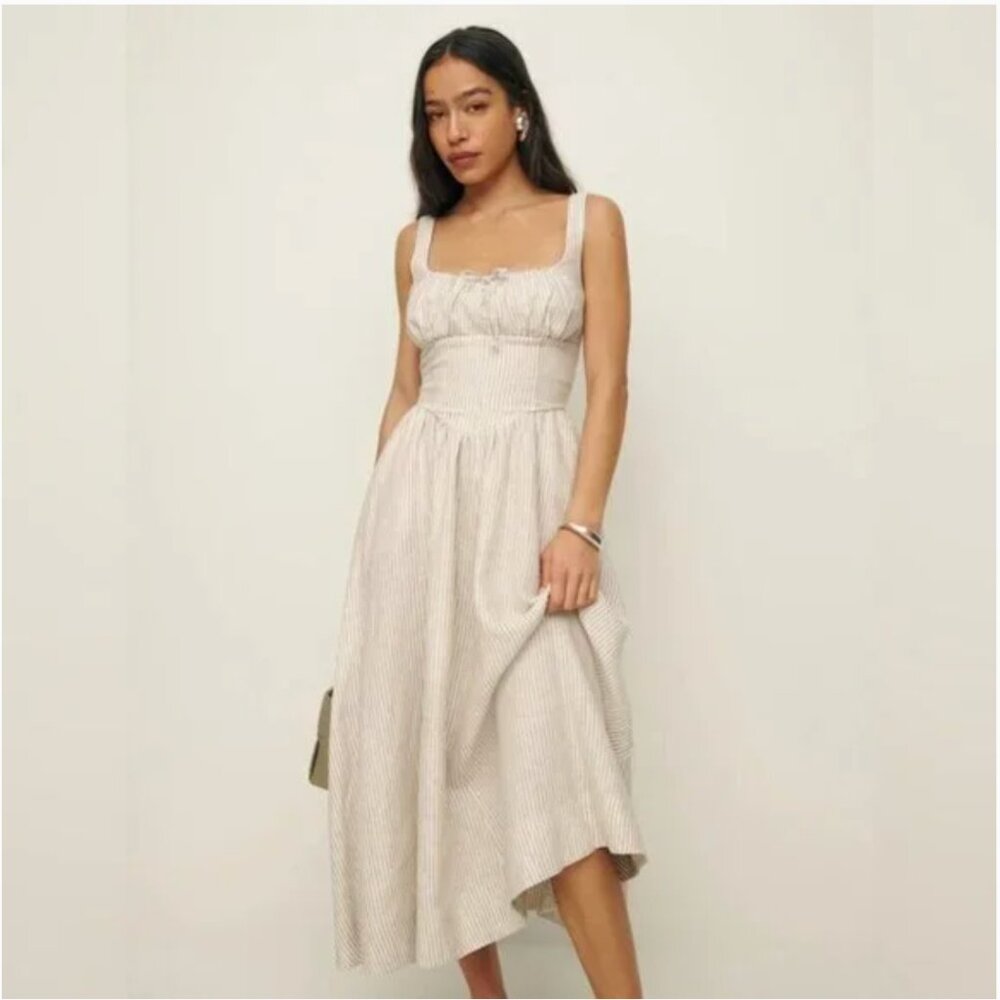 Reformation Balia Linen Dress in Sandy Stripe 4 NWOT